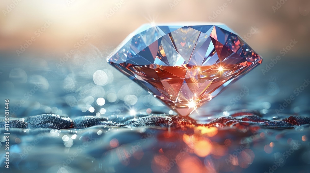 Sparkling diamond gemstone on beach sand at sunset. Sparkling diamond gemstone on beach sand at sunset.