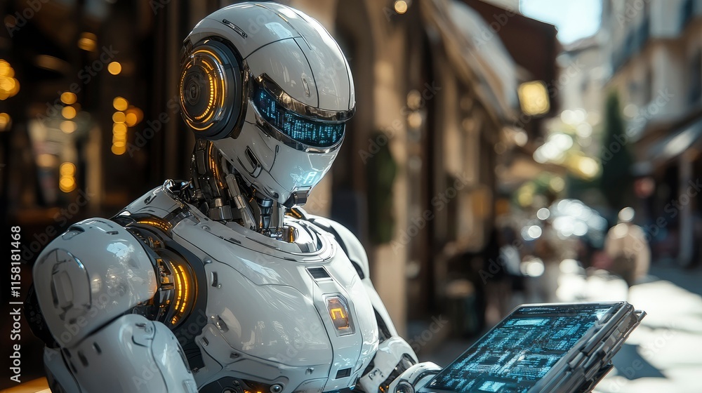 Futuristic Robot Exploring a City Street with a Tablet Futuristic Robot Exploring a City Street with a Tablet