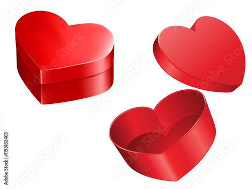 Red heart 3d shaped gift box on transparent background cutout