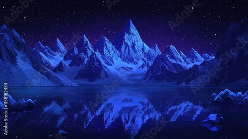 A serene night landscape featuring snow-capped mountains reflected in a calm lake under stars.