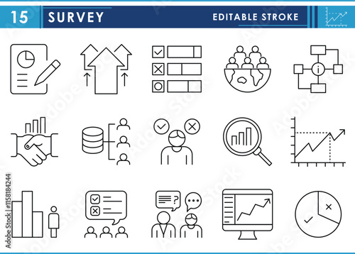 A set of line icons related to Survey. Questionnaire, Feedback, Respondent, Analysis, Opinion, Demographics, statistical data, poll, and so on. Vector editable stroke.