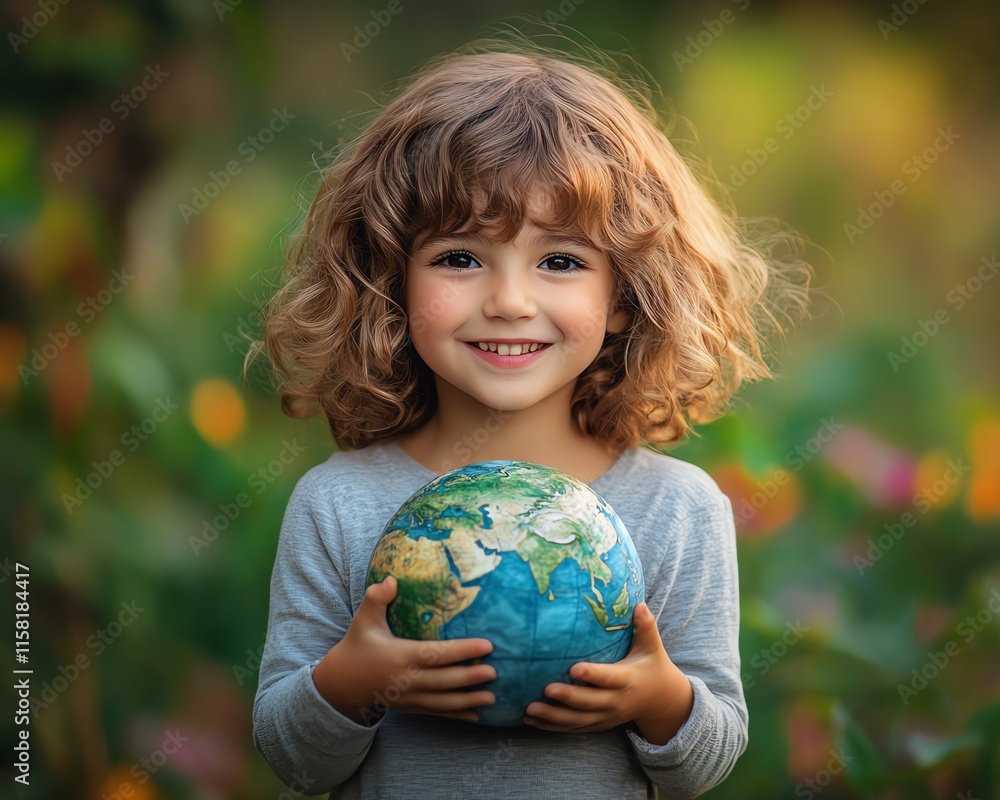 Young child embracing the globe, surrounded by vibrant nature and clean oceans, promoting Earth Day awareness and World Environment Day Young child embracing the globe, surrounded by vibrant nature and clean oceans, promoting Earth Day awareness and World Environment Day