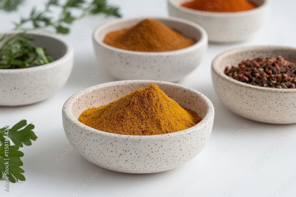 A collection of spices in small bowls, showcasing vibrant colors and textures for culinary use. A collection of spices in small bowls, showcasing vibrant colors and textures for culinary use.