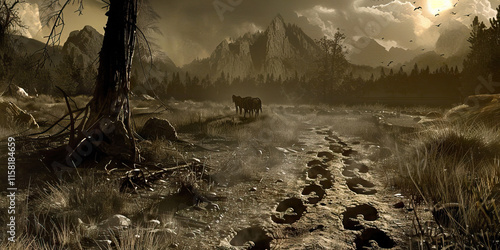 Two Horses in a Mountainous Landscape with Hoof Prints