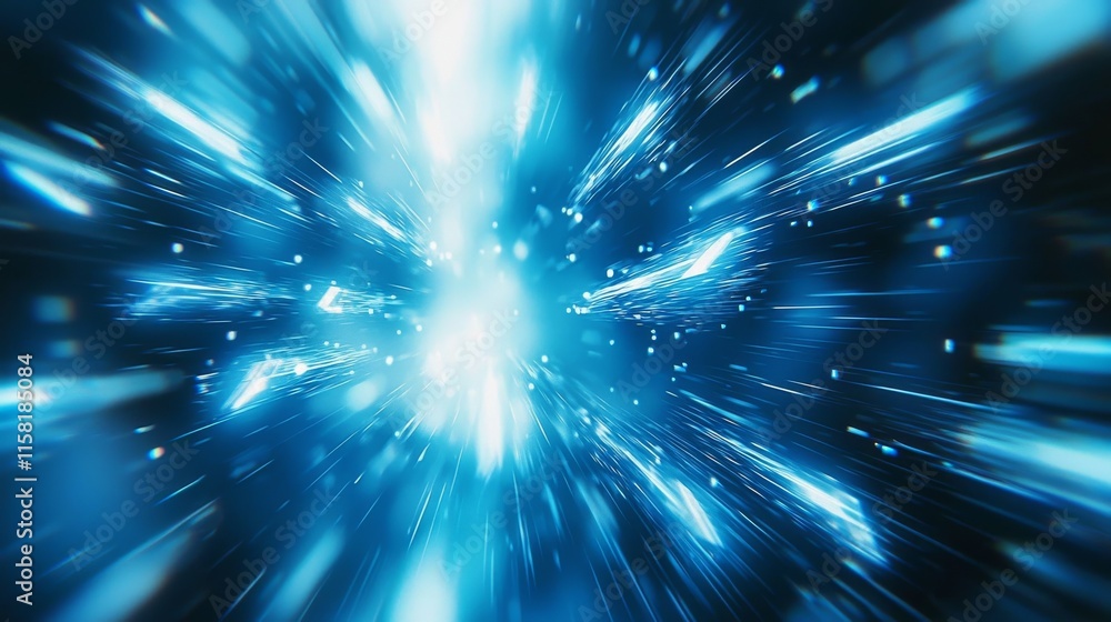 Naklejka premium A vibrant burst of blue light and particles, creating a dynamic sense of motion and energy, reminiscent of cosmic phenomena.