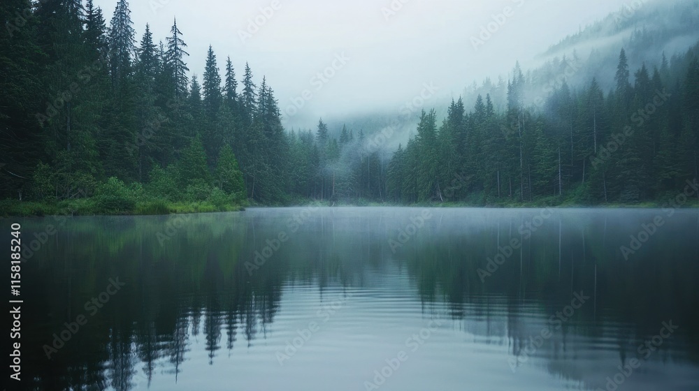 Obraz premium A serene lake surrounded by misty forests, creating a tranquil natural landscape.