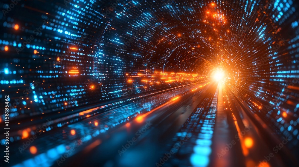 Fototapeta premium A vibrant, futuristic tunnel of glowing blue and orange lights representing data flow and digital connections.