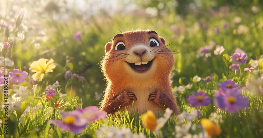 custom made wallpaper toronto digitalAdorable Cartoon Groundhog in Flower Meadow - 3D Illustration