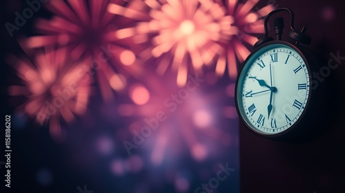Wallpaper Mural Abstract background with fireworks and a clock close to midnight, featuring a blurred bokeh effect, sharp focus on the clock, softly blurred background Torontodigital.ca