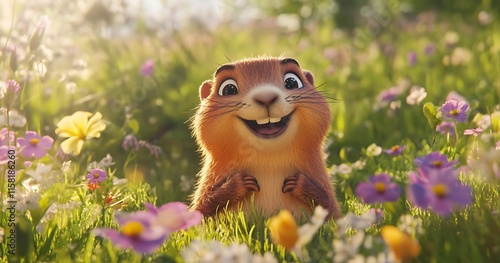 Wallpaper Mural Adorable Cartoon Groundhog in Flower Meadow - 3D Illustration Torontodigital.ca