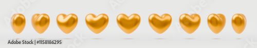 Animation sprite sheet of gold heart sequence rotation. Gold glossy 3D heart balloon in different angles. Vector symbol of love, Valentines day, wedding. Realistic 3d spin golden heart icon on white