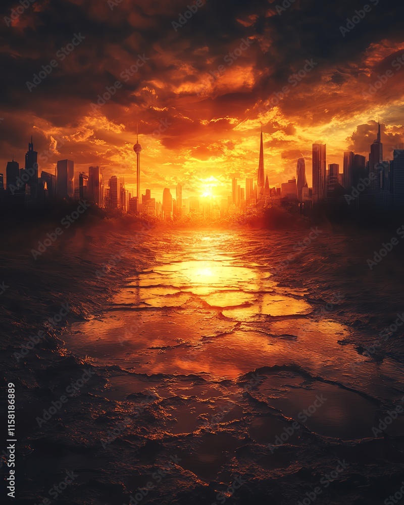 Climate change crisis with heatwaves, flooded cities, and environmental devastation, representing the urgent global need to address global warming Climate change crisis with heatwaves, flooded cities, and environmental devastation, representing the urgent global need to address global warming