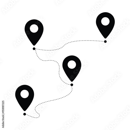 Location icon route, two pin signs and dashed line road, start and end journey symbol, black color vector illustration isolated on white background