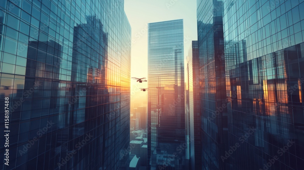 Obraz premium A futuristic cityscape featuring skyscrapers and a drone at sunset.