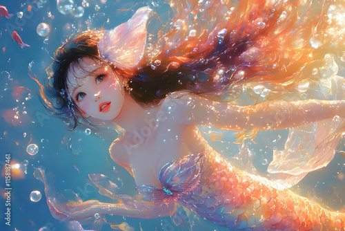 cinematic of a lovely cute looking anime mermaid girl, paint art style photo