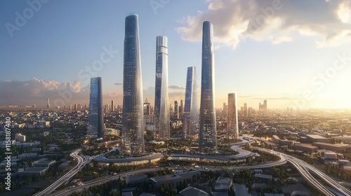 A futuristic skyline featuring towering skyscrapers and urban infrastructure at sunset.