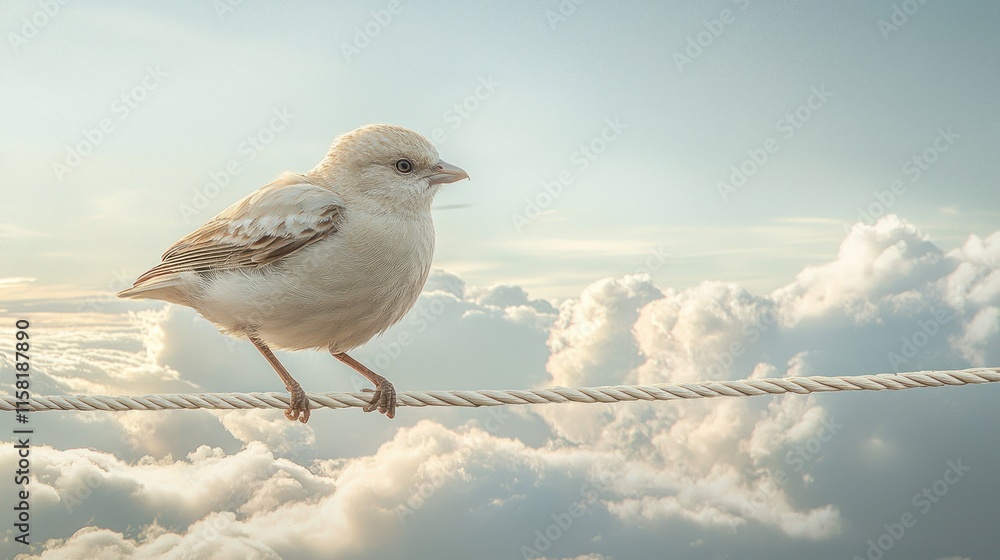Obraz premium A small bird perched on a rope against a backdrop of soft clouds and a serene sky.