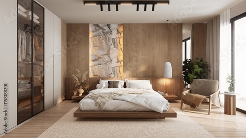 Fototapeta Naklejka Na Ścianę i Meble -  A modern bedroom with warm wooden accents, a cozy bed, stylish decor, and large windows allowing natural light to brighten the space. 3d rendering