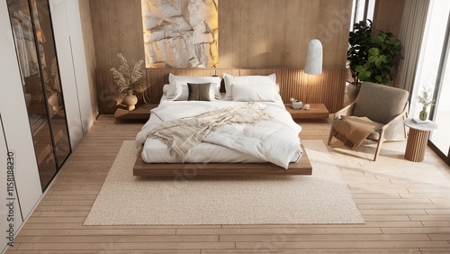 A serene, modern bedroom featuring a wooden bed, cozy textiles, and natural lighting, creating a warm and inviting atmosphere. 3d rendering.