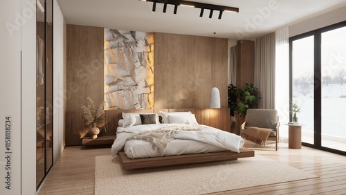Fototapeta Naklejka Na Ścianę i Meble -  A serene, modern bedroom featuring a wooden bed, natural decor, large windows, and an earthy color palette. 3d rendering.