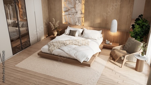 A cozy, modern bedroom featuring a wooden bed, plush bedding, natural decor, and warm tones, creating a serene and inviting atmosphere.