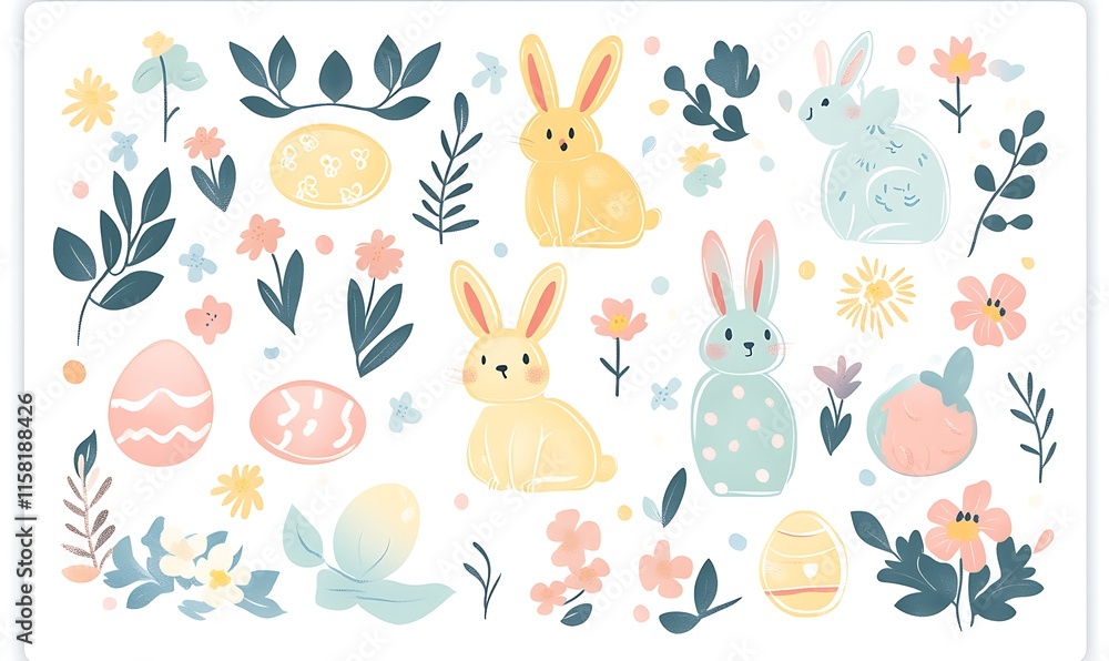 Sticker sheet featuring Easter bunnies and eggs, easter background Sticker sheet featuring Easter bunnies and eggs, easter background