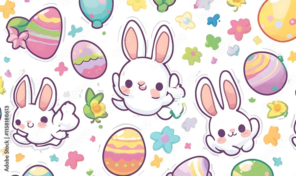 Sticker sheet featuring Easter bunnies and eggs, easter background Sticker sheet featuring Easter bunnies and eggs, easter background
