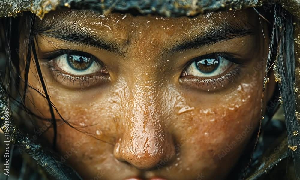 Close-up of a person's face, showcasing intense eyes and a weathered, textured skin surface. Close-up of a person's face, showcasing intense eyes and a weathered, textured skin surface.