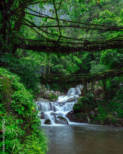 Tableau sur toile Slow-shutter shot of Meghalaya's Double Decker Root Bridge, showcasing silky water flow beneath vibrant greenery
