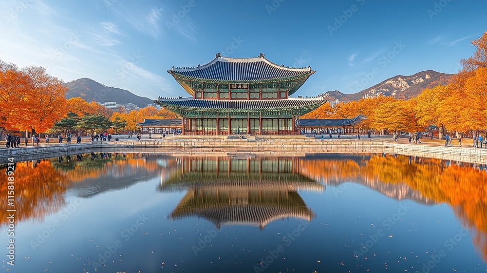Naklejka premium Autumnal palace reflection in calm water.