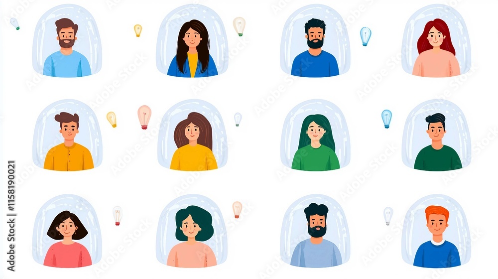 Diverse Group of People Inside Bubbles with Light Bulbs Illustrations Diverse Group of People Inside Bubbles with Light Bulbs Illustrations