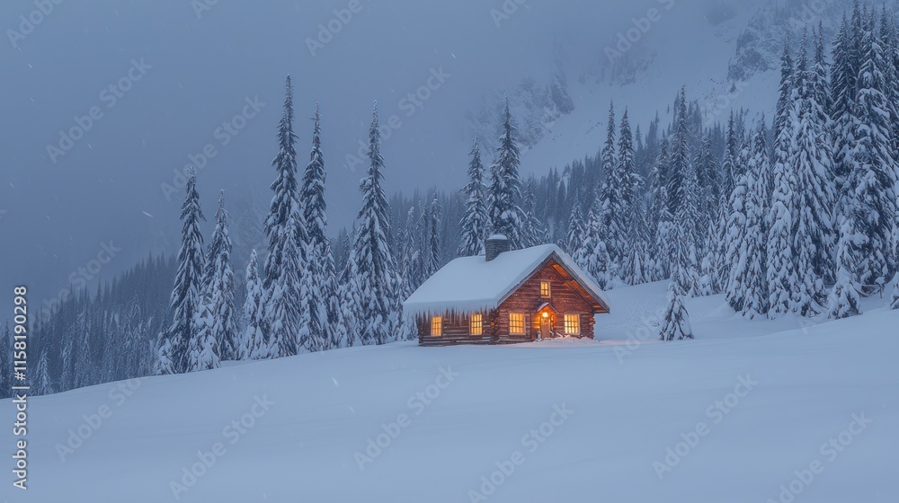 A cozy cabin illuminated in a snowy landscape, surrounded by tall evergreen trees. A cozy cabin illuminated in a snowy landscape, surrounded by tall evergreen trees.