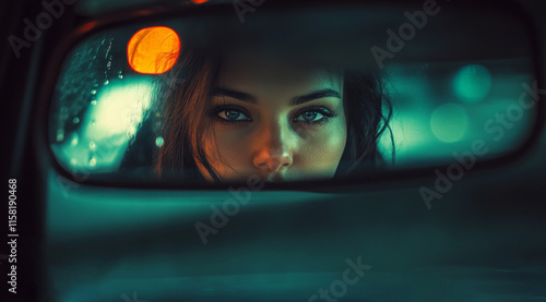 Woman looking in the rear view mirror in the car