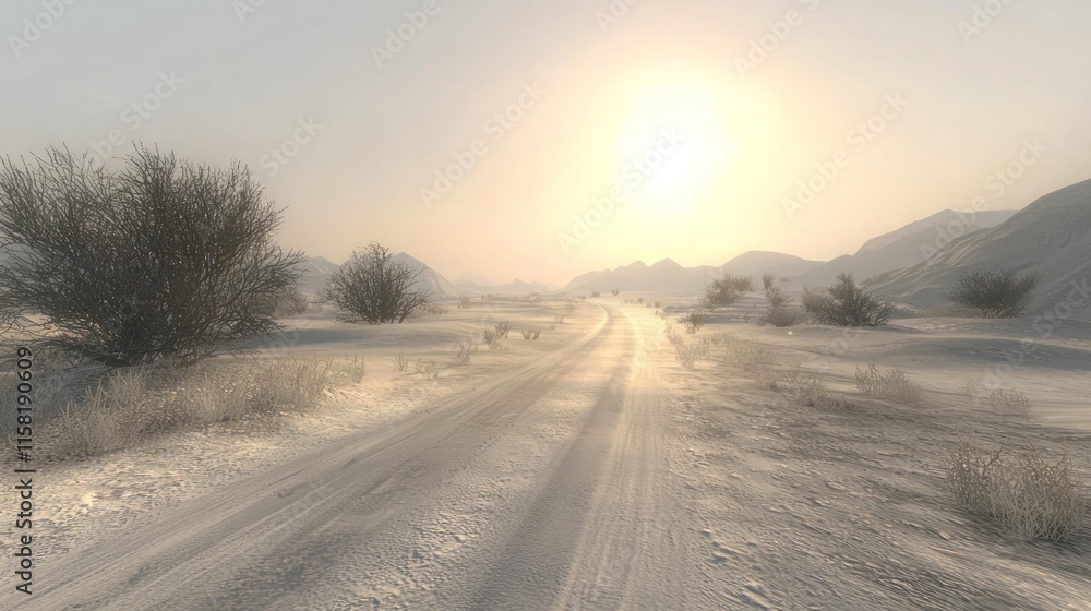 A serene desert landscape at sunset, featuring a winding road and soft, warm light. A serene desert landscape at sunset, featuring a winding road and soft, warm light.