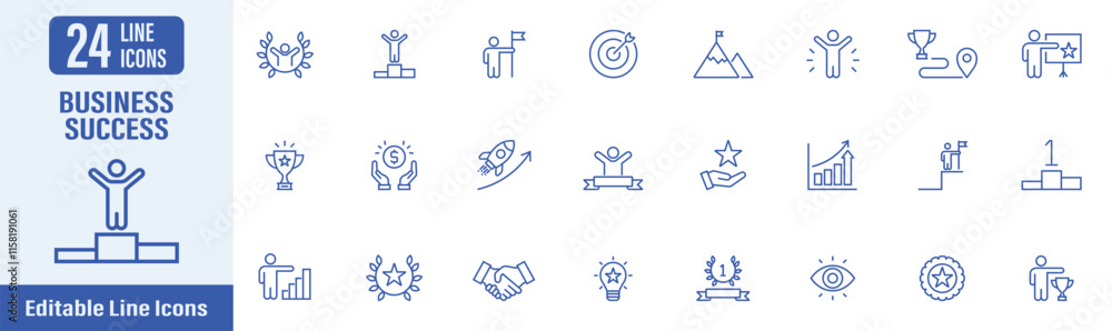 Business Success line icon set. Contains icons as success, business growth, success, goal, career growth, achievement, trophy, medal, award and more. Vector illustration. Business Success line icon set. Contains icons as success, business growth, success, goal, career growth, achievement, trophy, medal, award and more. Vector illustration.
