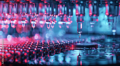 Vials and medicine bottles on conveyor belt. Medicine mass production. Health and health care.
