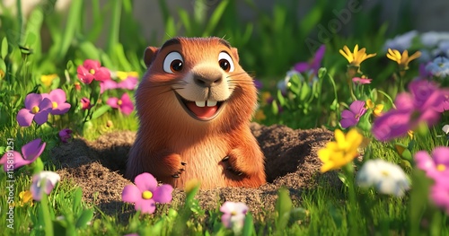 Wallpaper Mural Adorable Cartoon Groundhog in Flower Meadow - 3D Illustration Torontodigital.ca