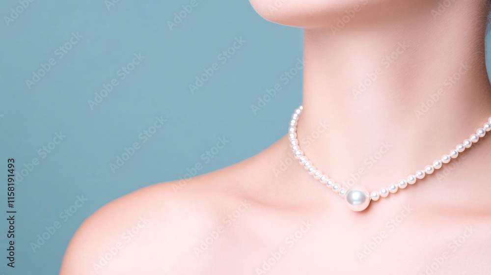 Elegant Woman Wearing Pearl Necklace Against Soft Blue Background Elegant Woman Wearing Pearl Necklace Against Soft Blue Background
