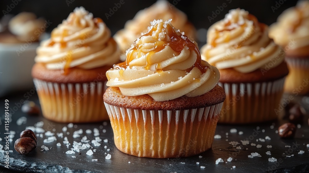 Salted caramel cupcakes topped with caramel drizzle and sprinkles. Salted caramel cupcakes topped with caramel drizzle and sprinkles.