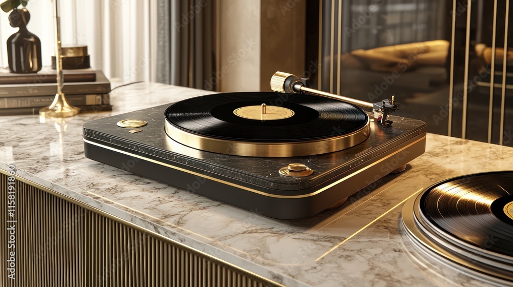 Fototapeta premium A stylish turntable on a marble surface, designed for playing vinyl records.