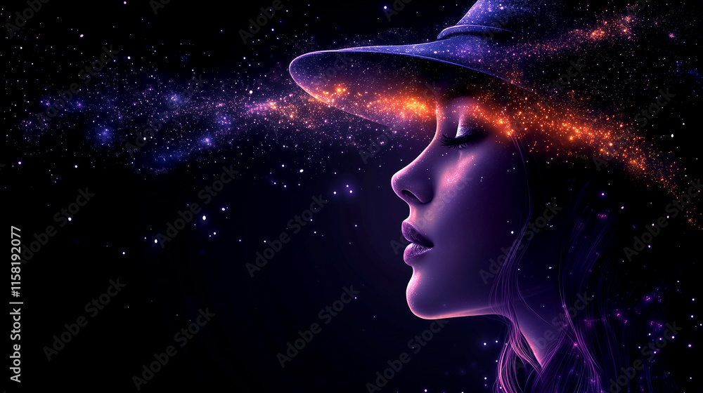A woman's face is shown in a black background with a purple hat. The hat is surrounded by a purple and orange glow, giving the impression of a starry night A woman's face is shown in a black background with a purple hat. The hat is surrounded by a purple and orange glow, giving the impression of a starry night