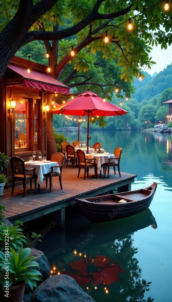 Obraz premium Charming waterside restaurant, shaded patio, twinkling lights, drink, lights