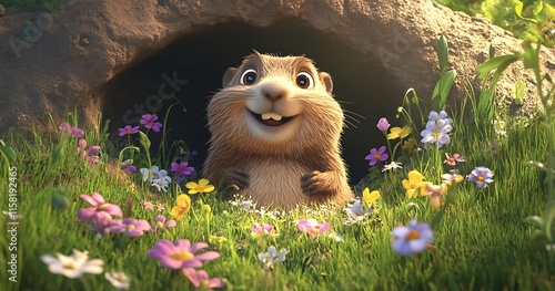 Wallpaper Mural Adorable Cartoon Groundhog in Flower Meadow - 3D Illustration Torontodigital.ca