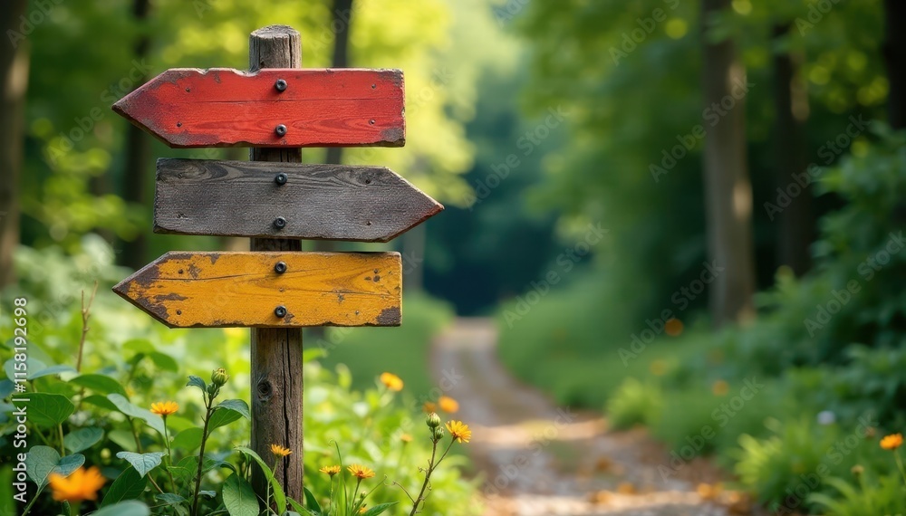 Rustic wooden signpost, arrows showing multiple paths, choice, crossroads Rustic wooden signpost, arrows showing multiple paths, choice, crossroads