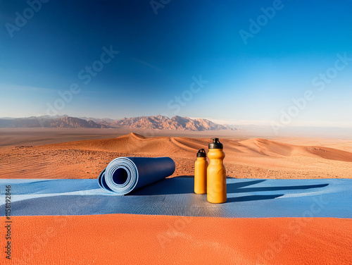 Yoga mat and water bottles rest on a dune overlooking a vast desert landscape under a clear blue sky. Ready for a desert yoga session.