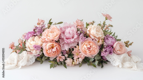 Romantic pastel flower arrangement featuring soft pink peonies and roses, tied with lace ribbons and subtle greenery, arranged in a circular wreath with a focus on elegance and simplicity