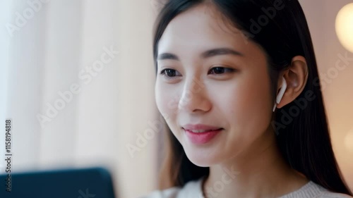 Wallpaper Mural Asian young woman with earphones in front of laptop at home. Online education. This student is committed to her online learning journey, earphones providing an immersive experience. Torontodigital.ca