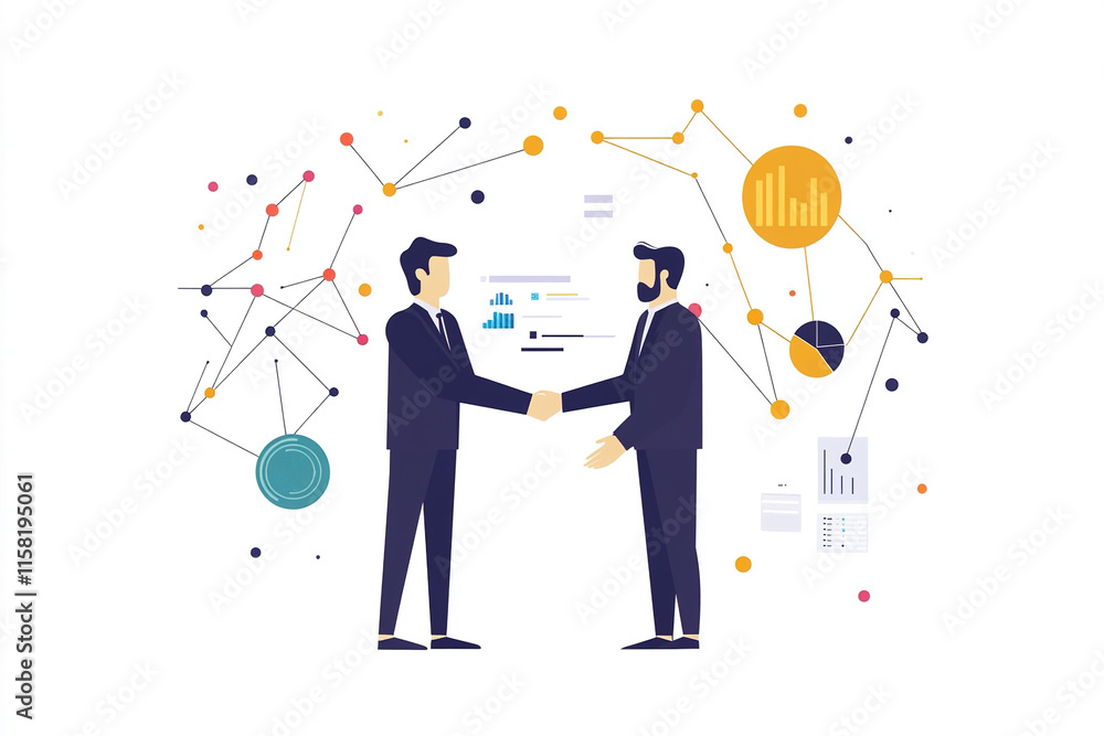 Two business people shaking hands with digital financial graphs and network connections in the background, symbolizing advanced AI technology for trading and goal achievement, on a white background. Two business people shaking hands with digital financial graphs and network connections in the background, symbolizing advanced AI technology for trading and goal achievement, on a white background.