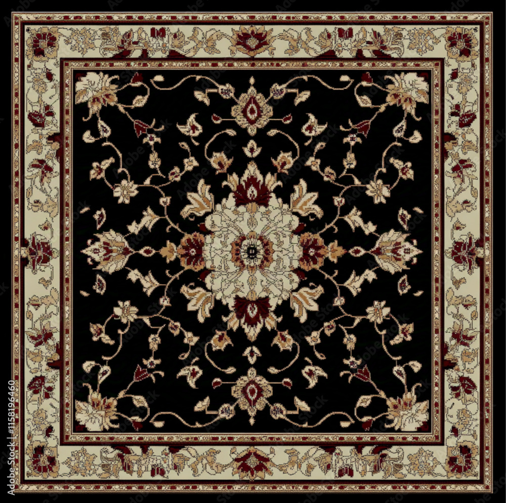 Naklejka premium persian rectangle carpet, pattern, red, top view, inside color red, background color black, only red and beige color, Long rectangular, Vertical long rectangular