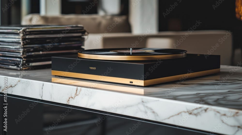 A sleek turntable on a marble table, surrounded by vinyl records, showcasing a modern lifestyle. A sleek turntable on a marble table, surrounded by vinyl records, showcasing a modern lifestyle.